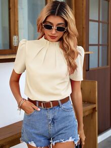 Pariaura Women's Solid Color Minimalist Daily Half-Turtleneck Short Sleeve Blouse - Apricot - View 6