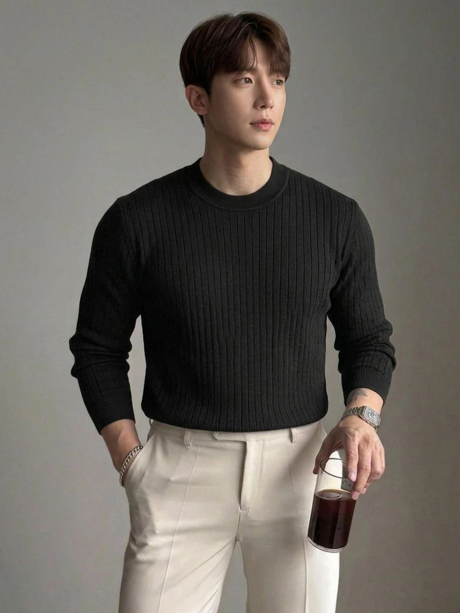 DAZY Men Ribbed Knit Fall Sweater - Black - View 1