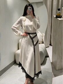 Modelyn 女款米色緞面不對稱裙，黑色蕾絲飾邊，粉色與黑色，秋季，優雅浪漫，適合用餐早午餐茶會，高腰A字裙 - 杏色 - 查看 2