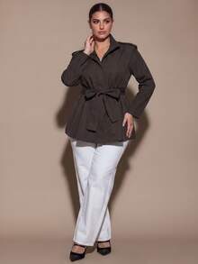 SHEIN BAE CURVE Plus Size Women's Coffee Brown Tie Strap Shoulder Short Jacket Fall - Coffee Brown - View 6