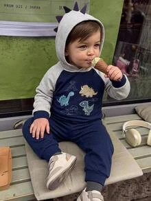 THE HAPPY LOOK Baby Boy Dinosaur Print Raglan Sleeve Hoodie & Sweatpants - Navy Blue - View 1