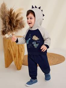 THE HAPPY LOOK Baby Boy Dinosaur Print Raglan Sleeve Hoodie & Sweatpants - Navy Blue - View 4