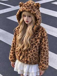 SHEIN Sparklyn 女款甜美風可愛學院風休閒外套，校園秋冬款 3D 貓咪刺繡連帽寬鬆抓絨夾克，校內校外穿搭，棕色 - 棕色 - 查看 3
