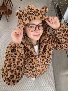 SHEIN Sparklyn 女款甜美風可愛學院風休閒外套，校園秋冬款 3D 貓咪刺繡連帽寬鬆抓絨夾克，校內校外穿搭，棕色 - 棕色 - 查看 7