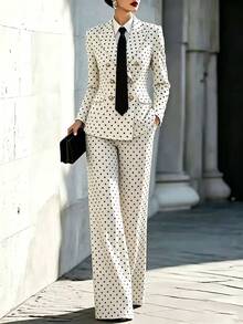 Penseblé Black White Polka Dot Suit 2 Pieces Set Matching Fabric Top Bottom Design Professional Elegant Commuter Style Retro Fashion Fall Dinner Office - Black and White - View 2