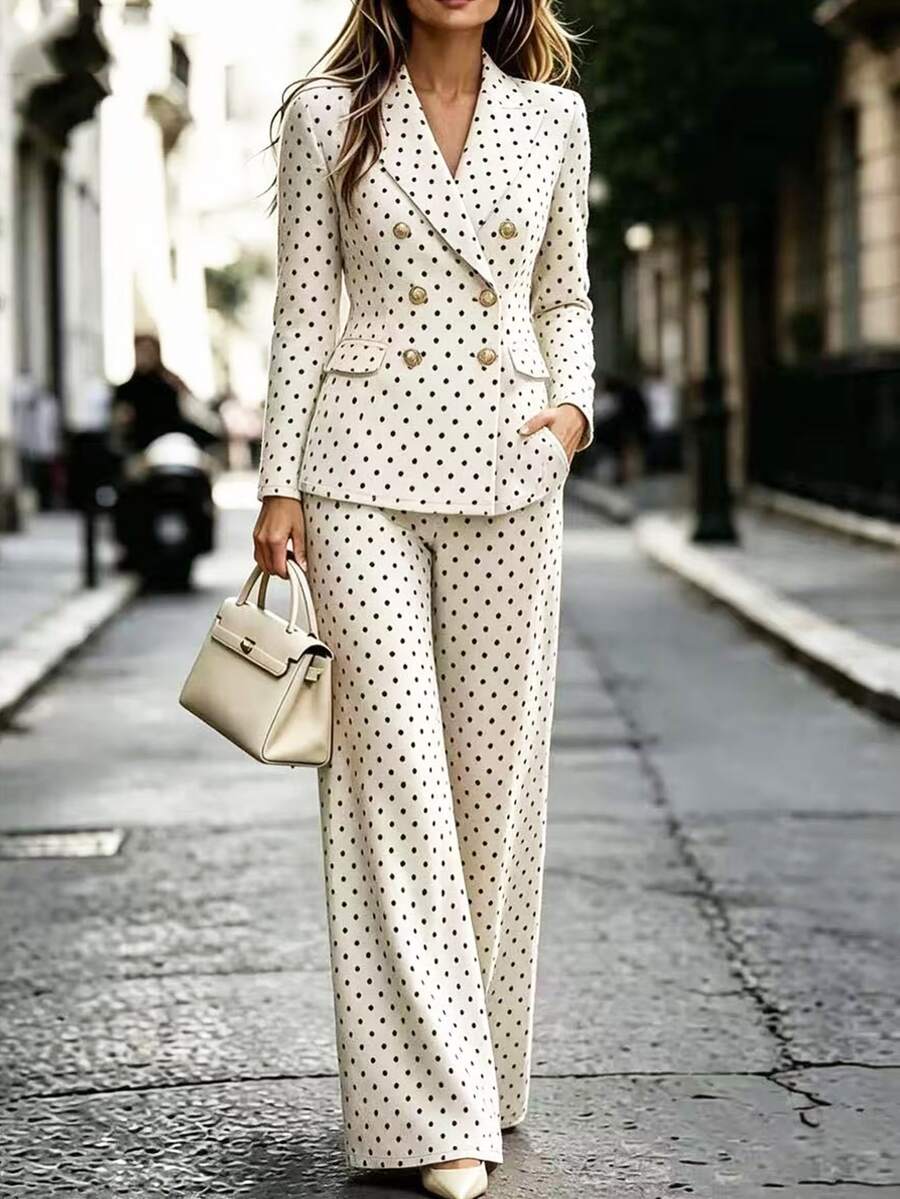 Penseblé Black White Polka Dot Suit 2 Pieces Set Matching Fabric Top Bottom Design Professional Elegant Commuter Style Retro Fashion Fall Dinner Office - Black and White - View 1