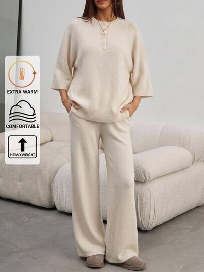 SHEIN Women Loose Button Front Casual Sweater And Wide Leg Sweater Pant Beige Stone Color 2pcs Set Co-Ord