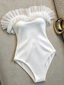 SHEIN 女款百褶荷葉邊優雅連身衣,修身顯腰性感優雅,適合派對、度假、海灘度假、泳池派對、蜜月旅行、日常穿著 - 白色 - 查看 6