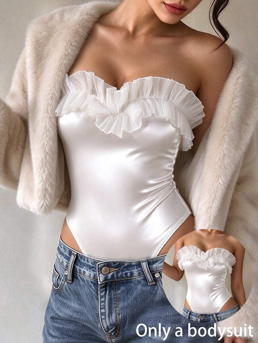SHEIN 女款百褶荷葉邊優雅連身衣，修身顯腰性感優雅，適合派對、度假、海灘度假、泳池派對、蜜月旅行、日常穿著