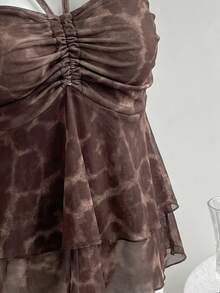 SHEIN PariChic 女款夏季深棕色掛脖荷葉邊上衣，抹胸式抓皺百褶層次雪紡罩衫，適合外出派對度假海灘性感罩衫 - 棕色 - 查看 7
