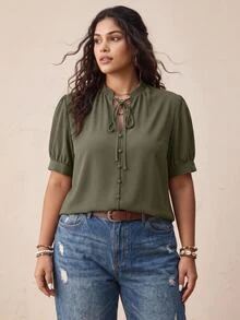 Nubod Plus Size Minimalist Solid Color Tie Front Shirt, Summer BASICS Chic - Army Green - View 1