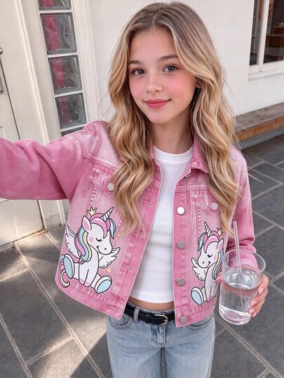 Tween Girl Unicorn Pattern Long Sleeve Single-Breasted Casual Jacket