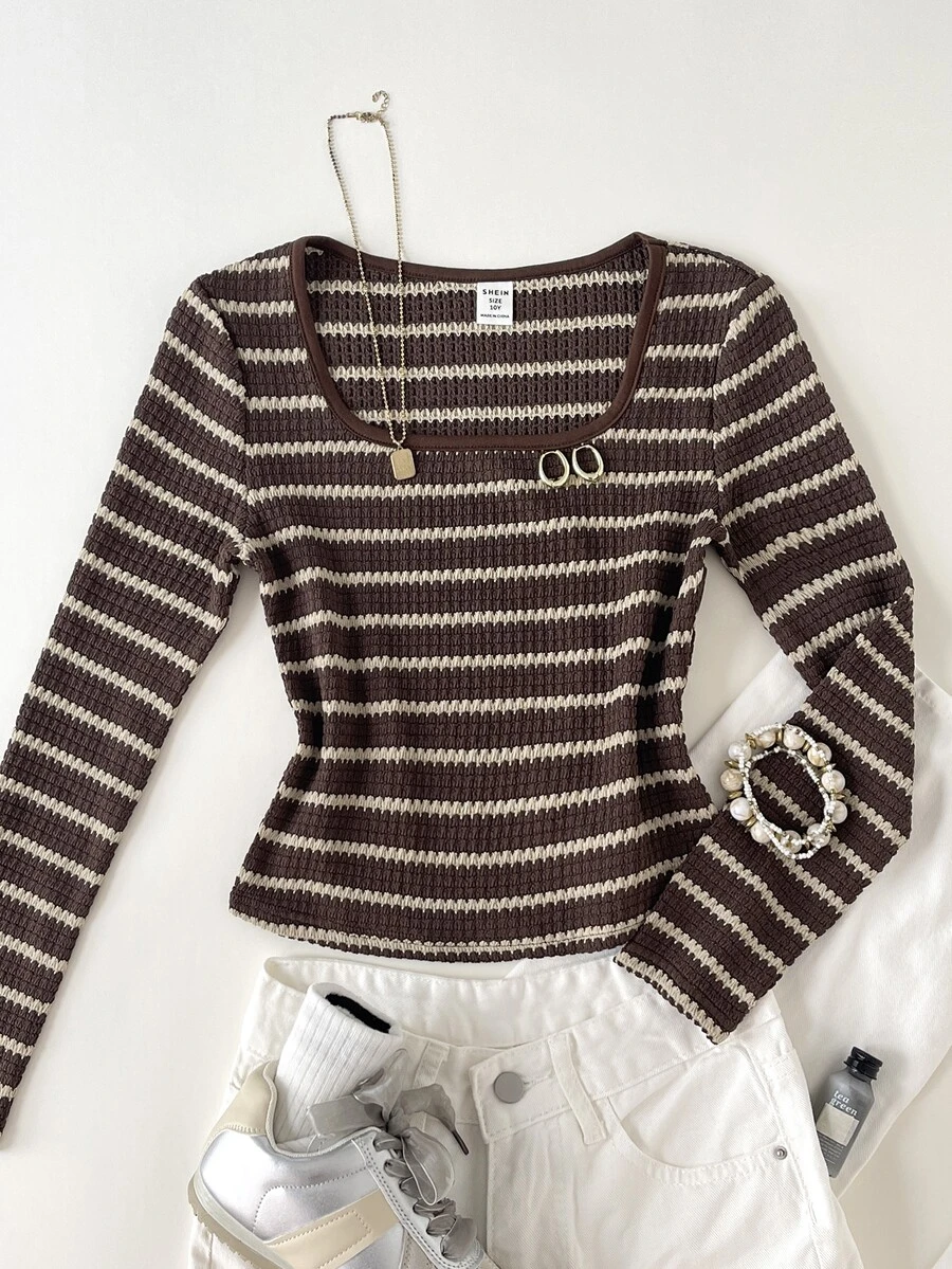 Tween Girls Tween Girl Autumn/Winter Striped Minimalist Long Sleeve Top - Brown - View 1