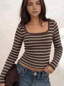 青少年女孩秋冬條紋簡約長袖上衣 - 棕色 - 查看 7