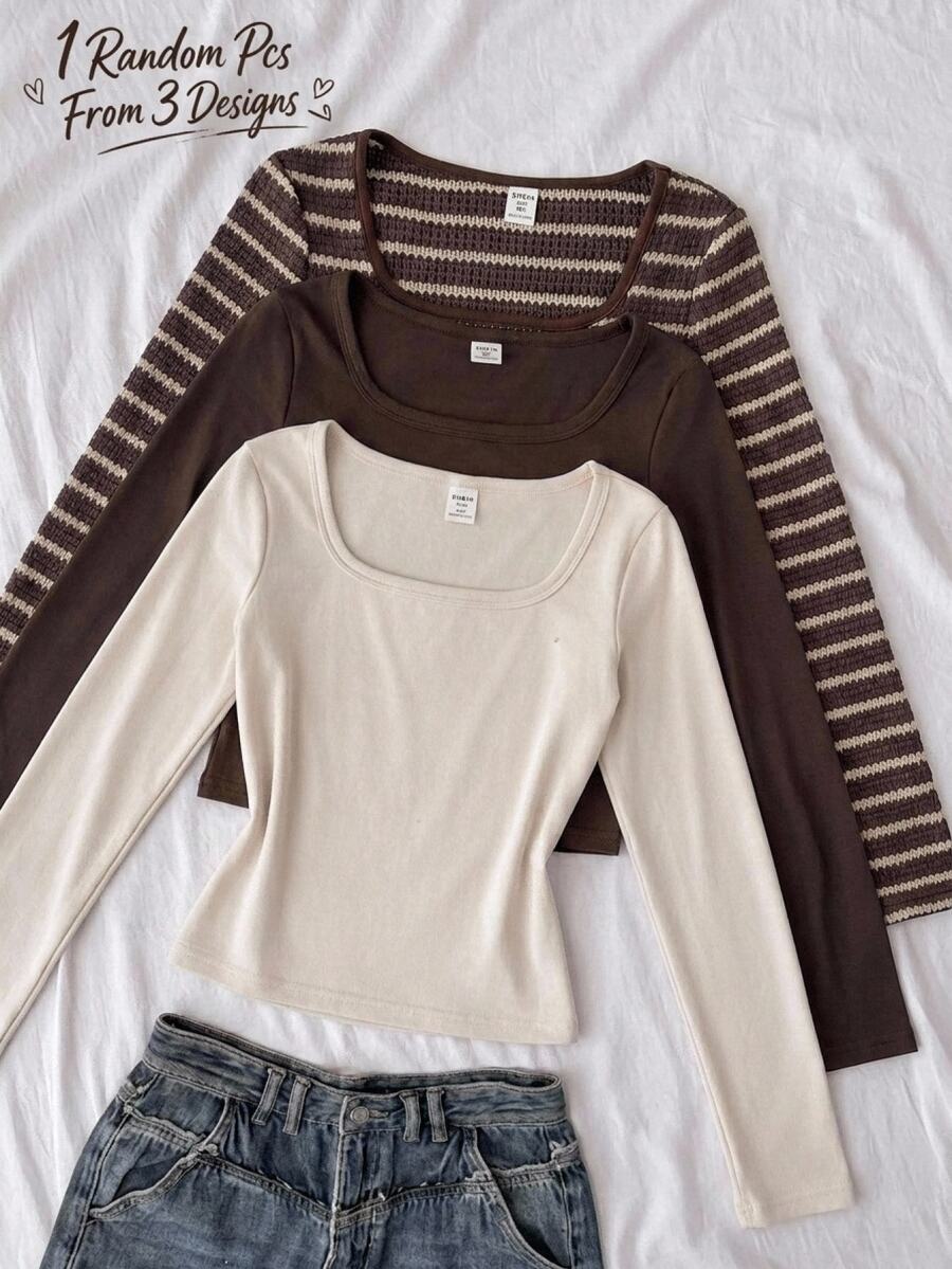 Tween Girls Tween Girl Autumn/Winter Striped Minimalist Long Sleeve Top - Brown - View 1
