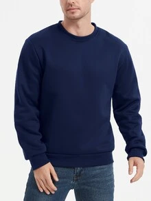 Manfinity Homme 男士纯色圆领长袖抓绒卫衣，休闲百搭，秋冬季 - 藏蓝色 - 查看 4