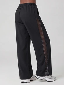 SHEIN Tween Girls Black Casual All-Match Versatile Daily Sports Loose Woven Pants, Side White Polka Dot Black Mesh Patchwork, Paired With Black Patchwork Top, Suitable For Training, Sports, Fitness, Training, Training Clothes, Training Uniforms, Group Purchase, Multiple People, Halloween, Christmas - Black - View 3