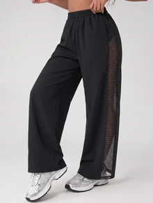 SHEIN Tween Girls Black Casual All-Match Versatile Daily Sports Loose Woven Pants, Side White Polka Dot Black Mesh Patchwork, Paired With Black Patchwork Top, Suitable For Training, Sports, Fitness, Training, Training Clothes, Training Uniforms, Group Purchase, Multiple People, Halloween, Christmas - Black - View 1