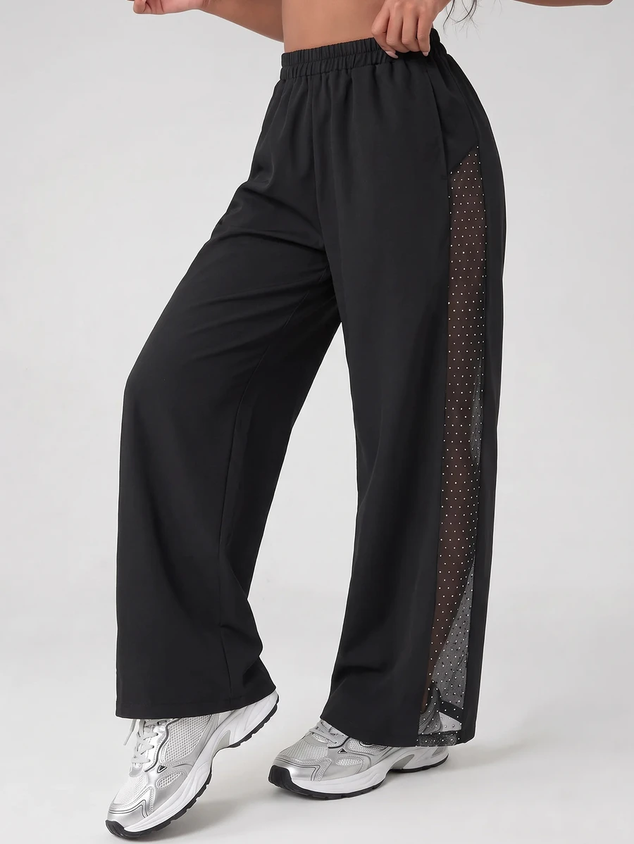 SHEIN Tween Girls Black Casual All-Match Versatile Daily Sports Loose Woven Pants, Side White Polka Dot Black Mesh Patchwork, Paired With Black Patchwork Top, Suitable For Training, Sports, Fitness, Training, Training Clothes, Training Uniforms, Group Purchase, Multiple People, Halloween, Christmas - Black - View 1