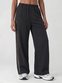 SHEIN Tween Girls Black Casual All-Match Versatile Daily Sports Loose Woven Pants, Side White Polka Dot Black Mesh Patchwork, Paired With Black Patchwork Top, Suitable For Training, Sports, Fitness, Training, Training Clothes, Training Uniforms, Group Purchase, Multiple People, Halloween, Christmas - Black - View 5