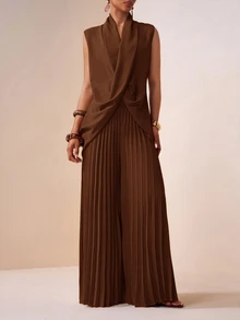 Zivah New Spring Summer Commute Elegant Minimalist Vacation Loose Shades Of Brown Sleeveless V-Neck Cross Top + Pleated Wide Leg Pants 2pcs Set Office - Coffee Brown - View 3