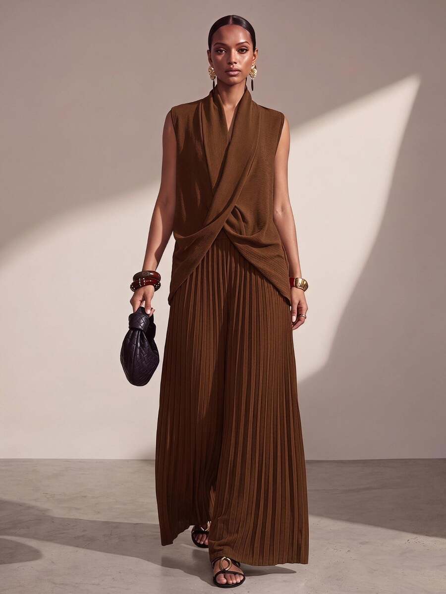 Zivah New Spring Summer Commute Elegant Minimalist Vacation Loose Shades Of Brown Sleeveless V-Neck Cross Top + Pleated Wide Leg Pants 2pcs Set Office - Coffee Brown - View 1