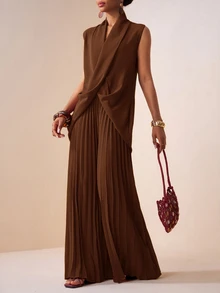 Zivah New Spring Summer Commute Elegant Minimalist Vacation Loose Shades Of Brown Sleeveless V-Neck Cross Top + Pleated Wide Leg Pants 2pcs Set Office - Coffee Brown - View 4