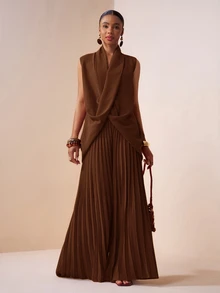 Zivah New Spring Summer Commute Elegant Minimalist Vacation Loose Shades Of Brown Sleeveless V-Neck Cross Top + Pleated Wide Leg Pants 2pcs Set Office - Coffee Brown - View 6