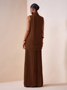 Zivah New Spring Summer Commute Elegant Minimalist Vacation Loose Shades Of Brown Sleeveless V-Neck Cross Top + Pleated Wide Leg Pants 2pcs Set Office - Coffee Brown - View 2