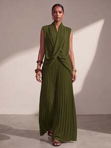 Zivah New Spring/Summer Commuter Elegant Vacation Olive Green Sleeveless V-Neck Cross Top + Pleated Wide Leg Pants 2-Piece Set, Suitable For Valentine's Day - Army Green - View 1