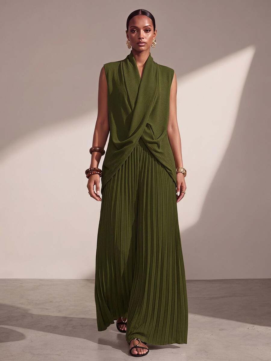 Zivah New Spring/Summer Commuter Elegant Vacation Olive Green Sleeveless V-Neck Cross Top + Pleated Wide Leg Pants 2-Piece Set, Suitable For Valentine's Day - Army Green - View 1