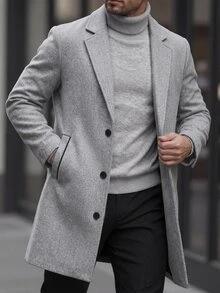 Manfinity Mode Men's Solid Color Pocket & Button Front Long Sleeve Overcoat, Autumn Fall, Winter Ceremony - Grey - View 8
