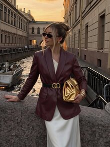 SHEIN PariChic Women's Fall/Winter Burgundy Shawl Collar Leather Jacket,Open-Front Long-Sleeve Mid-Length Blazer,Occasion Wear For Business Commuting Office - Red - View 3