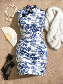 EastFlair Plus Size Women's All-Over Print Casual Elegant Daily Summer Travel Dress Dinner Party Confirmation All White Fall/Winter Chinese Style Qipao - Multicolor - View 5