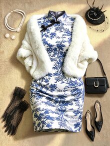EastFlair Plus Size Women's All-Over Print Casual Elegant Daily Summer Travel Dress Dinner Party Confirmation All White Fall/Winter Chinese Style Qipao - Multicolor - View 9