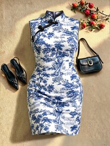 EastFlair Plus Size Women's All-Over Print Casual Elegant Daily Summer Travel Dress Dinner Party Confirmation All White Fall/Winter Chinese Style Qipao - Multicolor - View 6