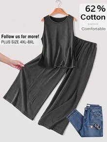 SHEIN CURVE+ 100% Cotton Plus Size Women's Crew Neck Tank Top And Long Pants Casual 2 Pieces Set - Grey - View 5