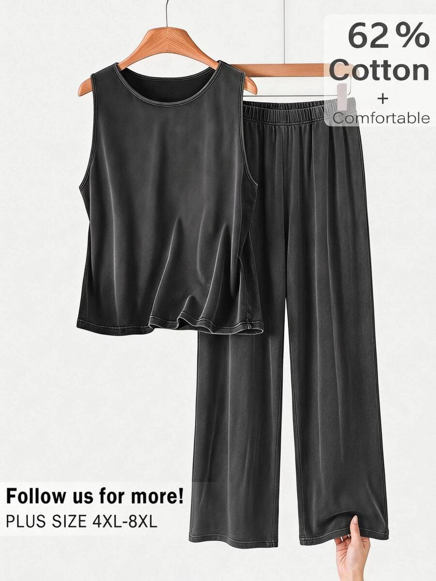 SHEIN CURVE+ 100% Cotton Plus Size Women's Crew Neck Tank Top And Long Pants Casual 2 Pieces Set - Grey - View 1