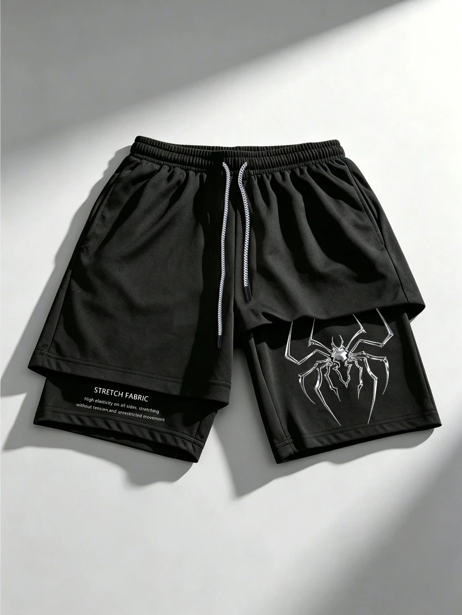Gym Rark Men's Spider Print Drawstring Waist Double Layer Sports Shorts, Gym - Black - View 1