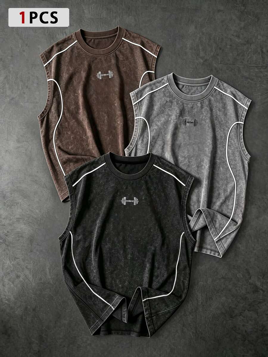 Gym Rark Men's Barbell Print Casual Fitness Sports Tank Top, Gym - Black - View 1