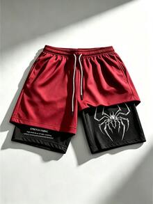 Gym Rark Men's Contrast Color Spider Print Sports Shorts, Gym - Burgundy - View 1