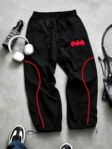 BATMAN X SHEIN Gym Rark Men's Drawstring Waist Colorblock Casual Athletic Baggy Daily Travel Sports Long Pants Gym Running Black Fall - Black - View 1
