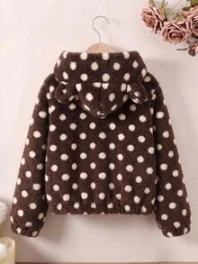 SHEIN Sparklyn 1件女童甜美風休閒外套，校園休閒穿搭，秋冬款 3D 貓咪刺繡連帽寬鬆抓絨夾克 - 棕色 - 查看 2