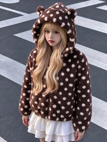 SHEIN Sparklyn 1件女童甜美風休閒外套，校園休閒穿搭，秋冬款 3D 貓咪刺繡連帽寬鬆抓絨夾克 - 棕色 - 查看 3