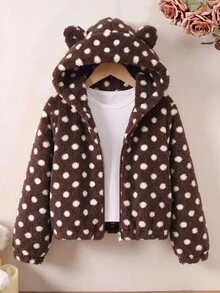 SHEIN Sparklyn 1件女童甜美風休閒外套，校園休閒穿搭，秋冬款 3D 貓咪刺繡連帽寬鬆抓絨夾克 - 棕色 - 查看 7