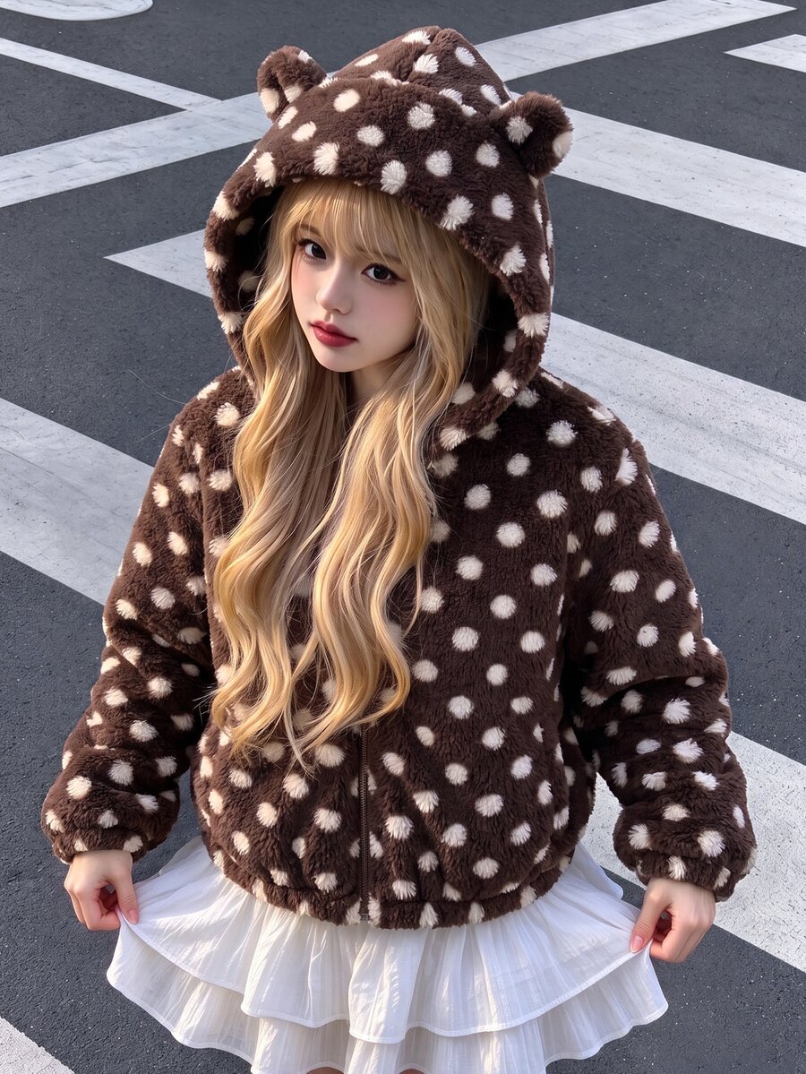 SHEIN Sparklyn 1件女童甜美風休閒外套,校園休閒穿搭,秋冬款 3D 貓咪刺繡連帽寬鬆抓絨夾克 - 棕色 - 查看 1