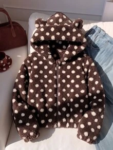 SHEIN Sparklyn 1件女童甜美風休閒外套，校園休閒穿搭，秋冬款 3D 貓咪刺繡連帽寬鬆抓絨夾克 - 棕色 - 查看 6
