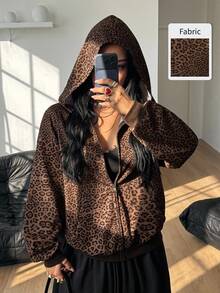 Coolane Women's Fall/Winter Going Out Party Rave Outfit Sexy Streetwear Y2k Chic Brown Leopard Zip Up With Pockets Loose Hooded Sweatshirt Autumn Clothes - Brown - View 5