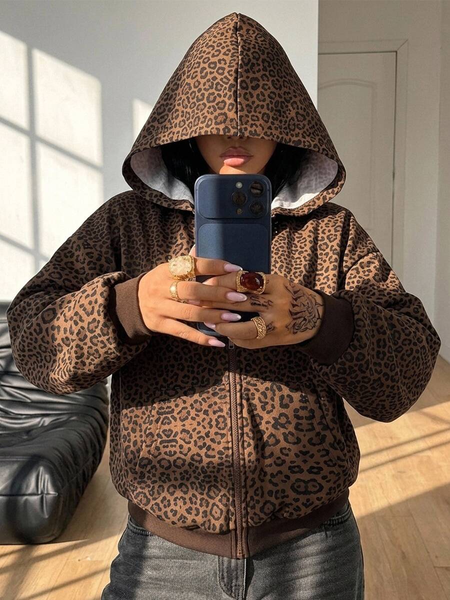 Coolane Women's Fall/Winter Going Out Party Rave Outfit Sexy Streetwear Y2k Chic Brown Leopard Zip Up With Pockets Loose Hooded Sweatshirt Autumn Clothes