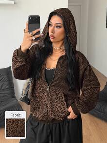 Coolane Women's Fall/Winter Going Out Party Rave Outfit Sexy Streetwear Y2k Chic Brown Leopard Zip Up With Pockets Loose Hooded Sweatshirt Autumn Clothes - Brown - View 8